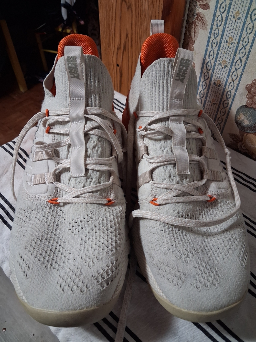 Light Beige Knit Umder Armour Sneakers with Orange Accent